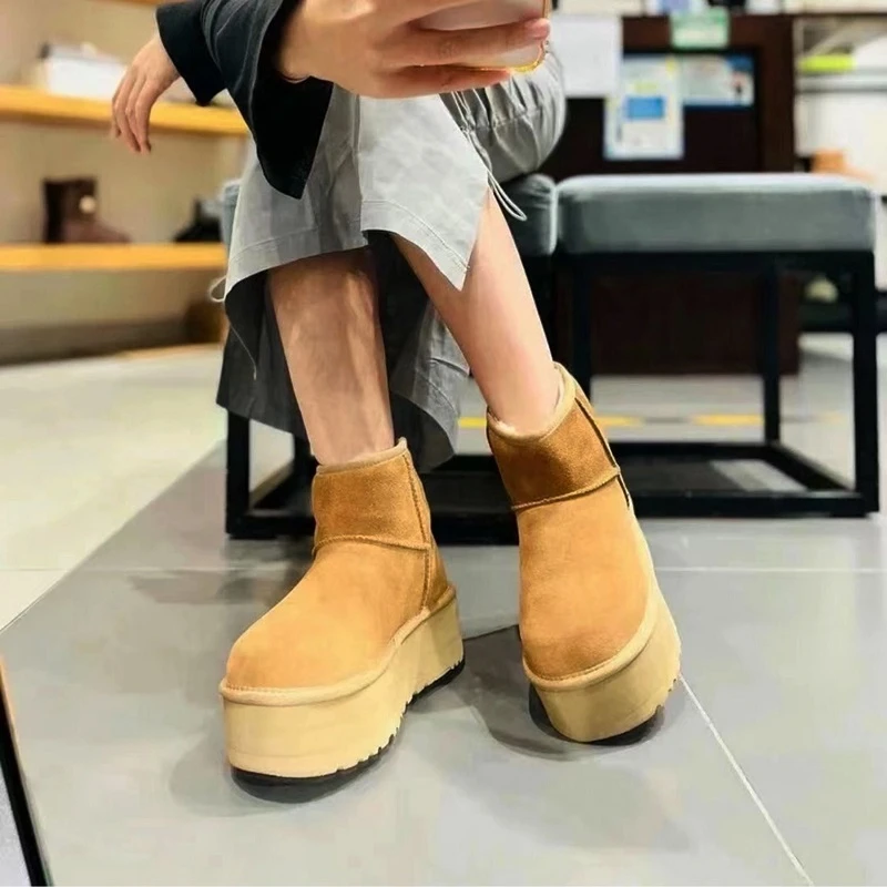 HQF Botas nieve forradas de felpa para mujer, botines planos de cuero ante de vaca, cálidos, impermeables, 2022| | - AliExpress