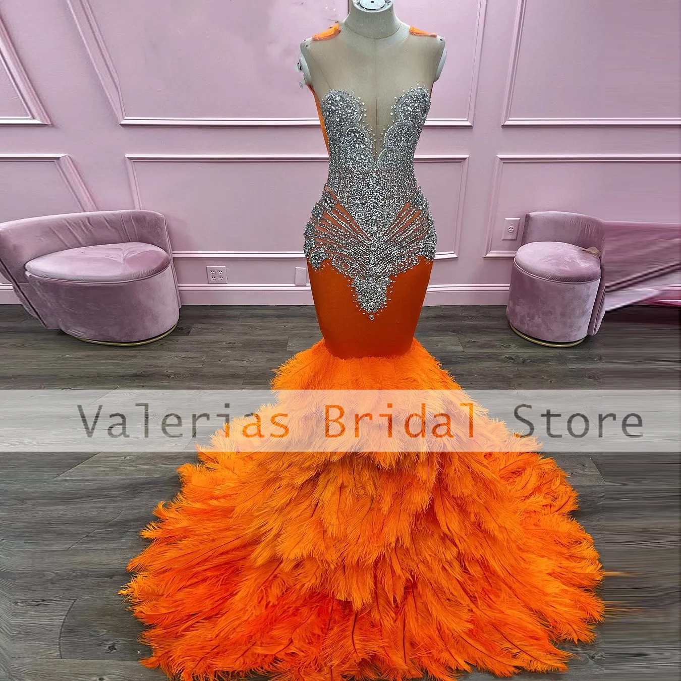 

Роскошное оранжевое платье-Русалка для выпускного вечера 2024, вечерние блестящие платья со стразами и перьями для выпускного вечера, платья