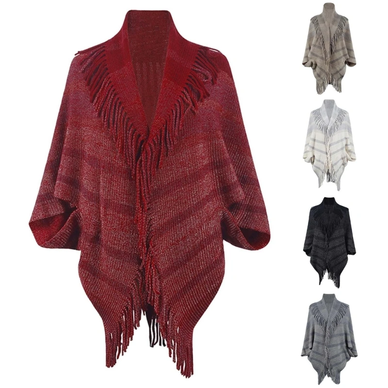 

European Style Tassels Shawl Women's Striped Knitwear Coat Tops Fashionable Tops Dropship