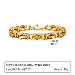 Chunky Byzantine Men's Bracelet - Retro Grey 8mm Stainless Steel Braided Link Wristband, Vintage Jewelry Gift - 21cm (Gold)