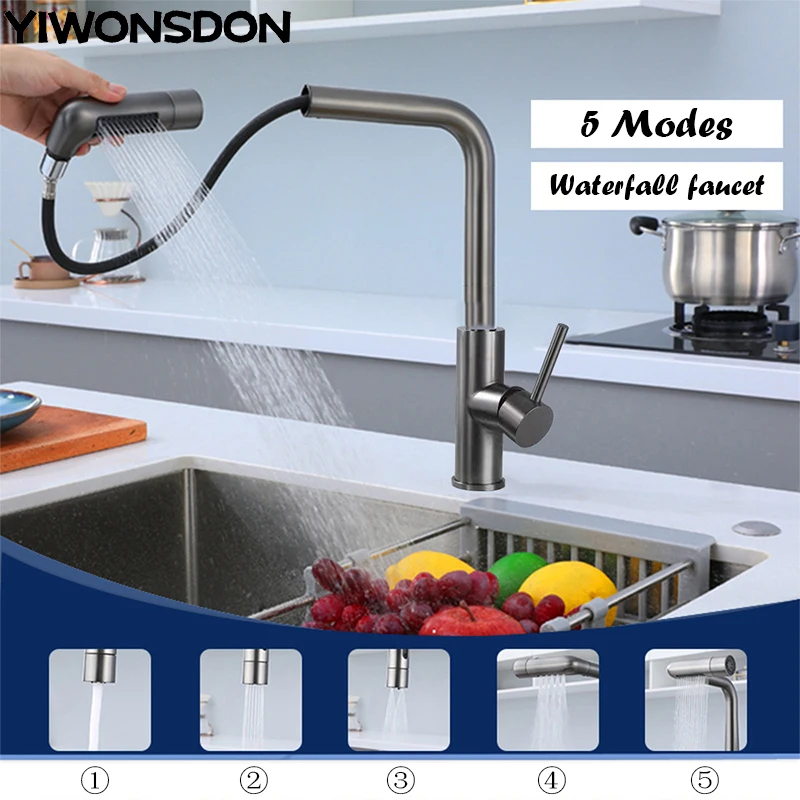 YIWONSDON Gray 5 Modes Pulling Out Waterfall Kitchen Sink Faucet Hot Cold Mixer Water Basin Desk Mounted Black Tap Accessories