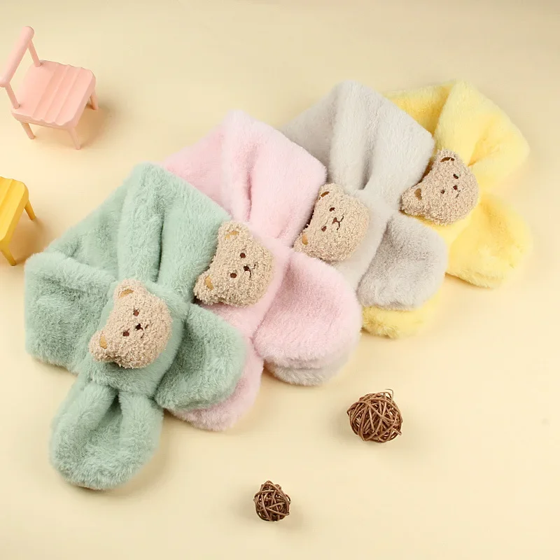 Baby Scarf Winter Warm Plush Baby Scarf Cute Caroon Bears Boy Girl Scarves Newborn Toddler Faux Fur Children Cross Neckerchief Baby Shawls