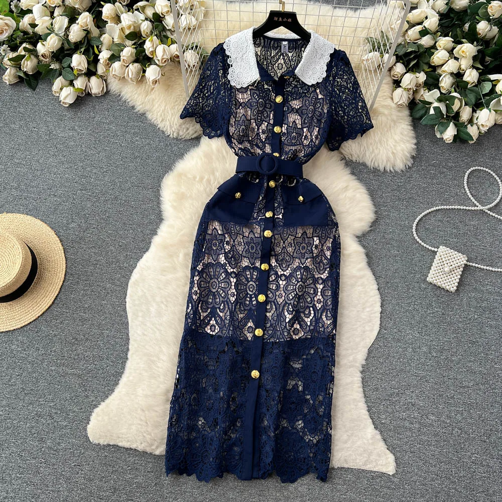 Sexy Chic lace Embroidery Turn-down Collar Dress vintage Elegant Korean Fashion Party Basic Slim Summer dresses