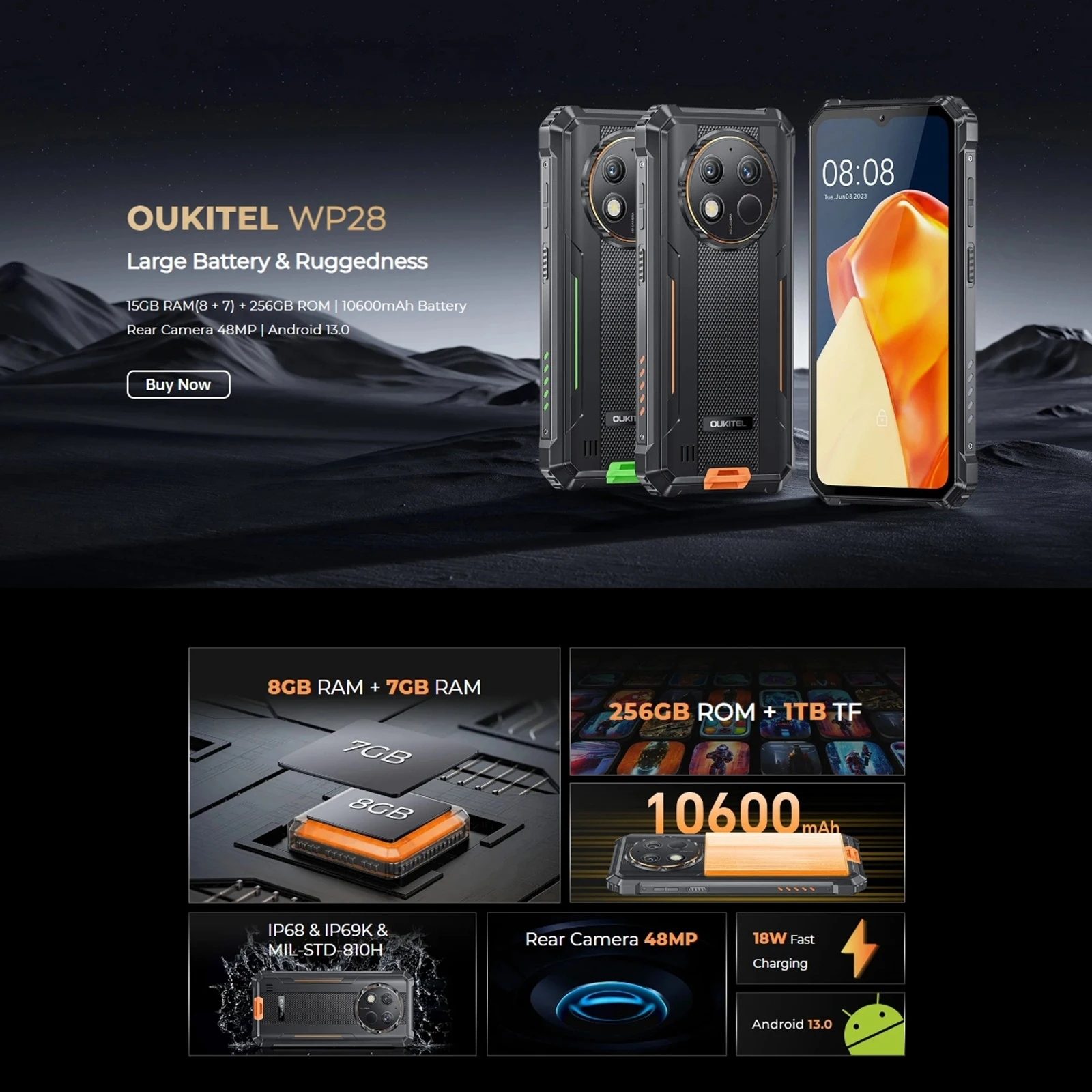 Oukitel WP28 Rugged 4G Smartphone 6.52,UP To 15GB+256GB,48MP Cam