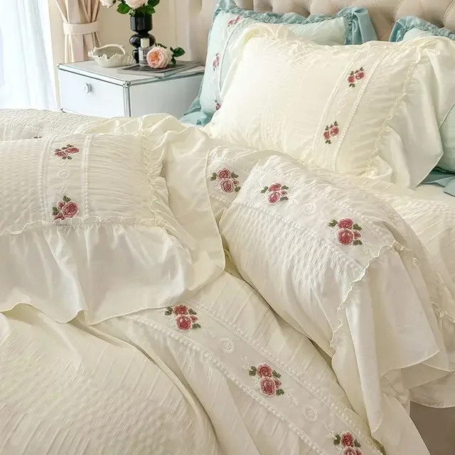 Beautiful Lace Bedding Set Korean Style duvet cover set Soft Washed Cotton Comforter cover set girls women room for home decor