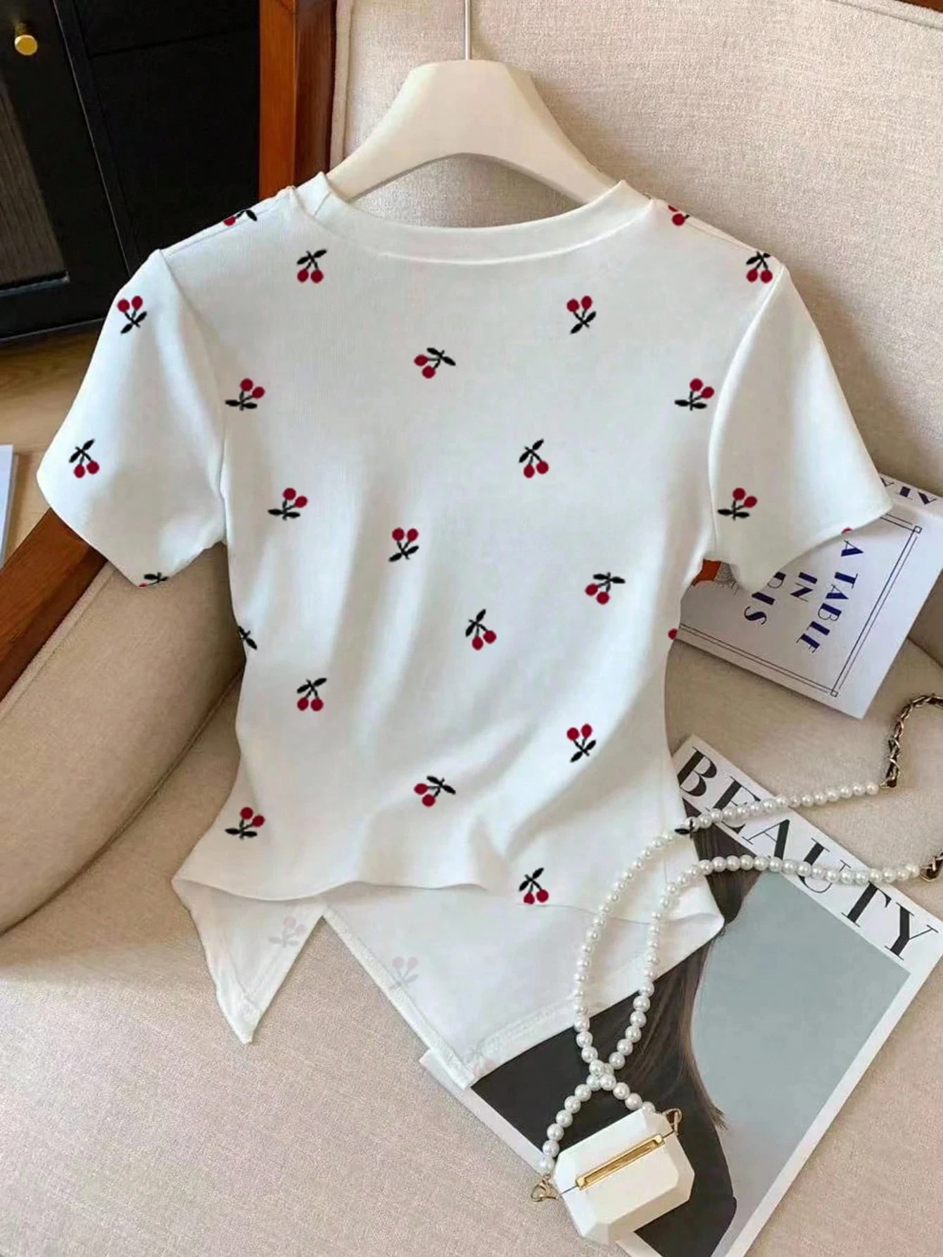 Ladies Spring Summer Casual Cherry Print Short Sleeve T-Shirt Asymmetrical Hem Base Shirt Bottoming Top 2
