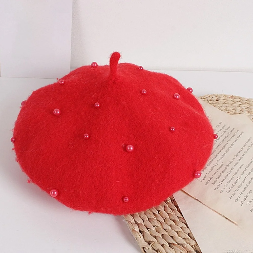 Fashion Pearl Children's Beret Solid Color Warm Baby Wool Hat Woolen Korean Style Painter Hat Winter