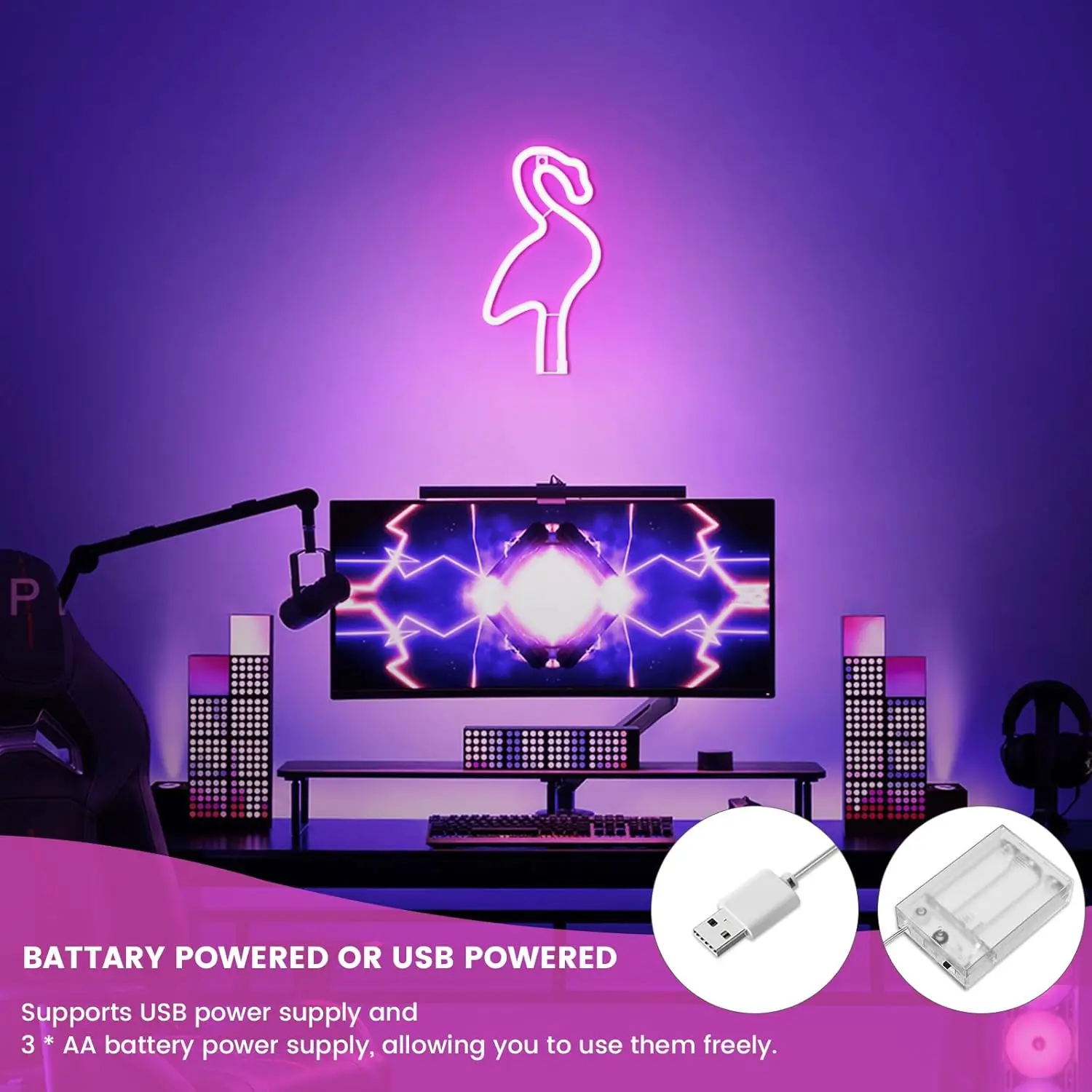 Insegna LED A Forma Di Fenicottero Rosa - Luce Notturna Per Camera Da Letto Con Alimentazione USB/Batteria - 5