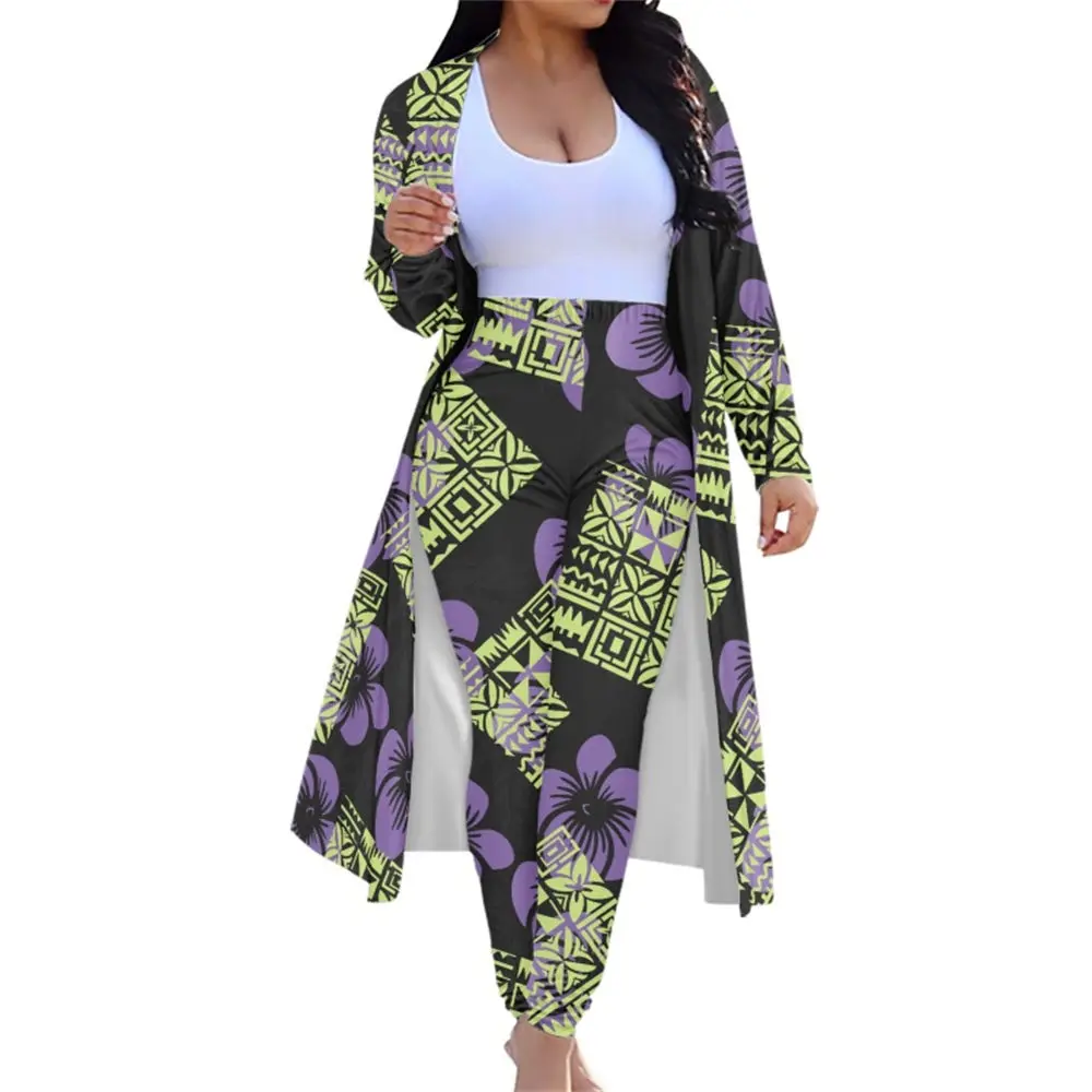 

Polynesian Tribal Hawaiian Print Fall Women's 2 Piece Set Long Sleeve Open Front Cardigans Kimono Skinny Pants Suits For Lady