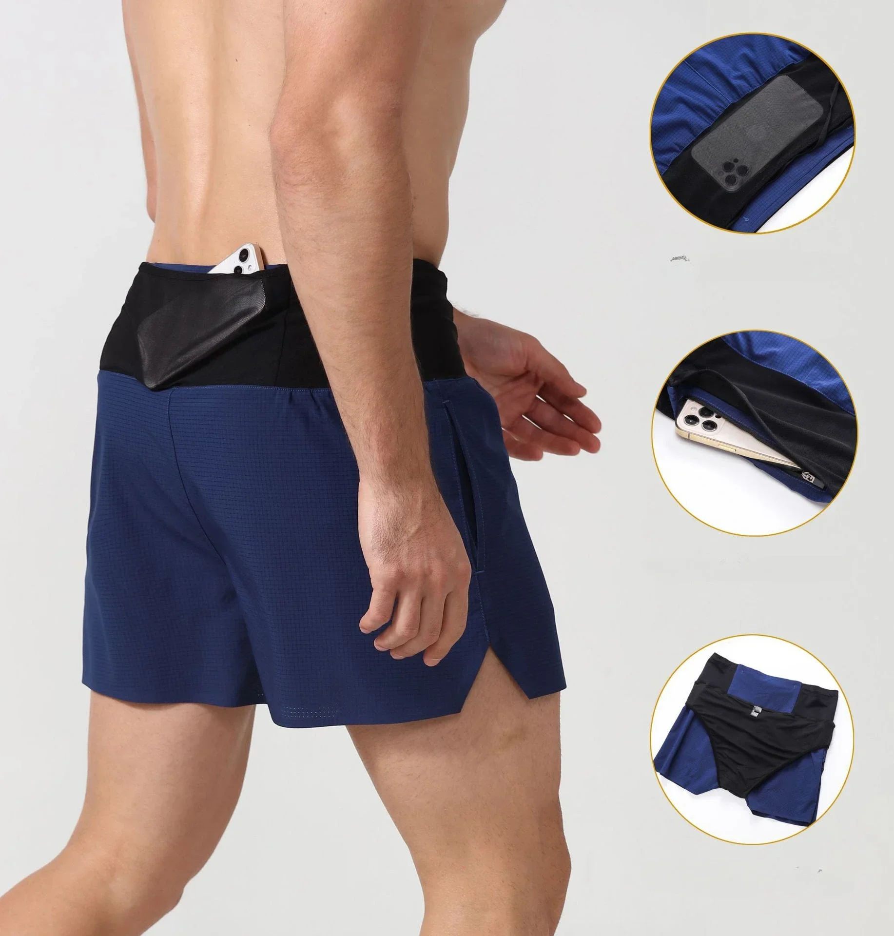 Men Double Deck 2 in 1 Fitness Shorts Marathon Running Training Pants Gym Workout Basketball Sports Jogging Shorts Sportswear 2