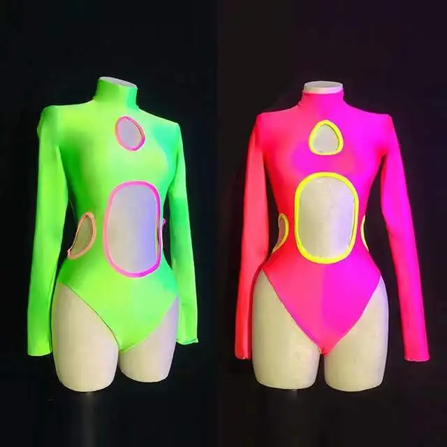 

Sexy Hollow Pole Dance Costume Dj Ds Clubwear Fluorescent Color Bodysuit Nightclub Jazz Gogo Dancer Clothes Rave Outfit