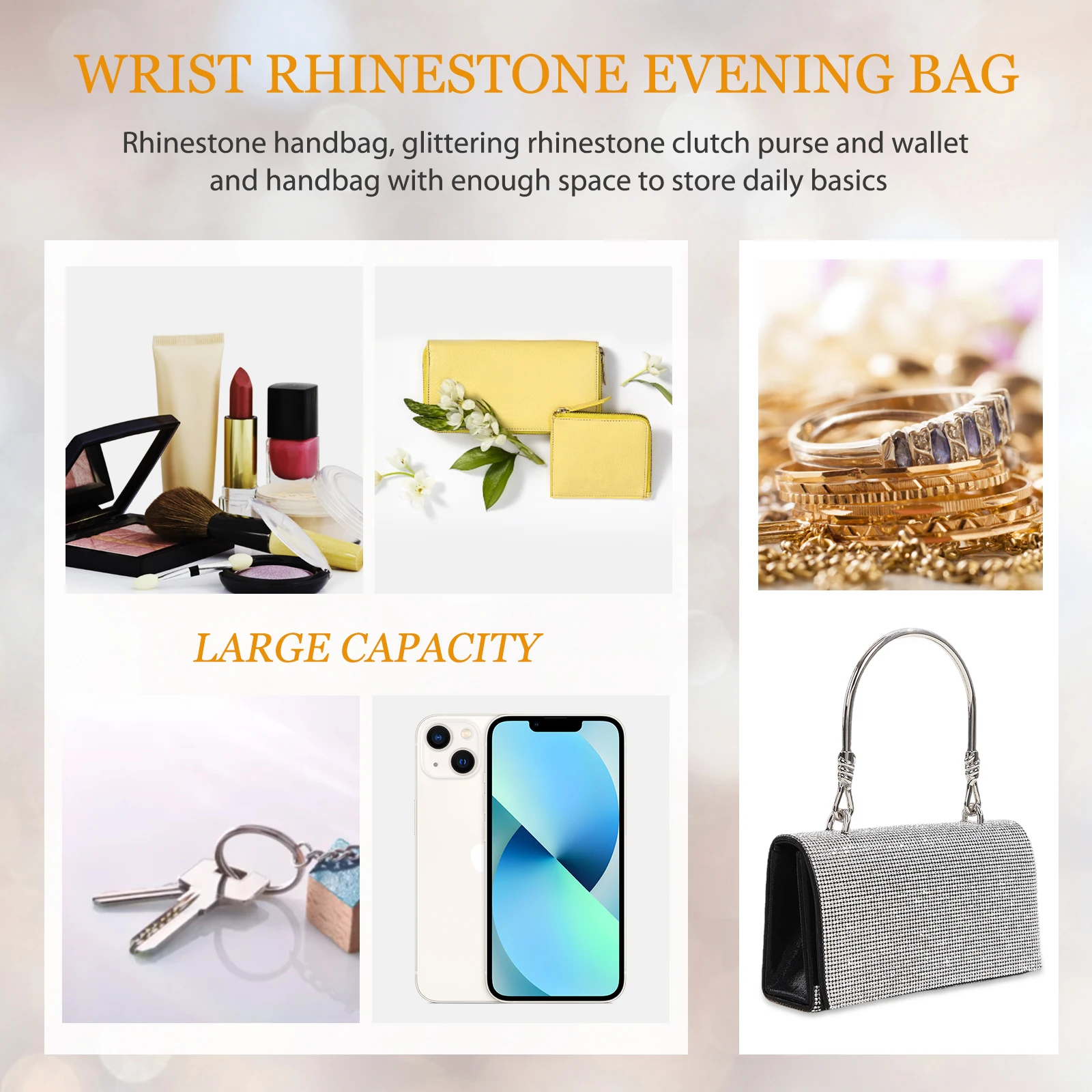 Rhinestone Clutch Purse Large Capacity Bling Purses for Parties (Black)