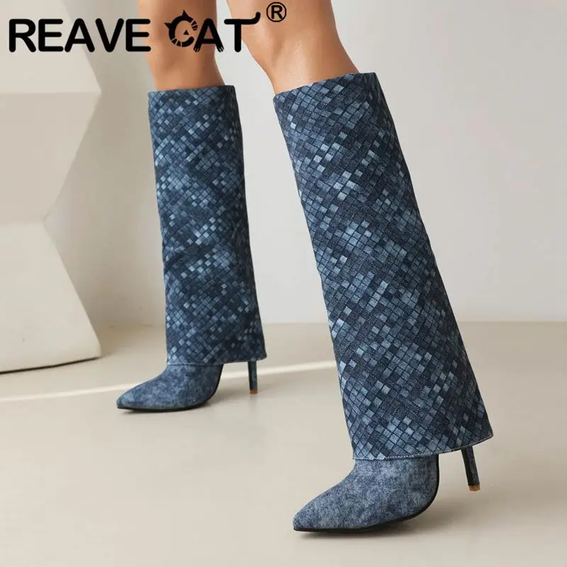 

REAVE CAT Fashion Women Knee High Boots Pointed Toe Stiletto Slip On Plaid Fabric Sexy Dating Female Booties Plus Size 45 46 47