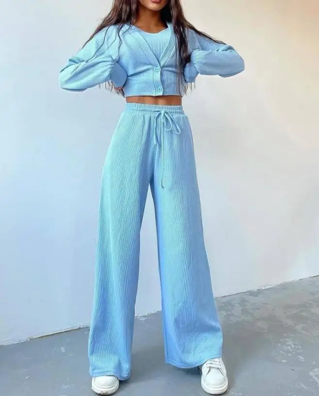 

2023 Autumn Winter Spring Fashion Casual 3 Piece Set Ribbed Crop Top & Drawstring Pants Set with Buttoned Coat Female Suit