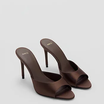 2026 Summer New Women's High Heels Pointed Toes Thin Heels Fashion Elegant Satin Shoes Sexy Peep Toe Stiletto Sandals Pumps 1