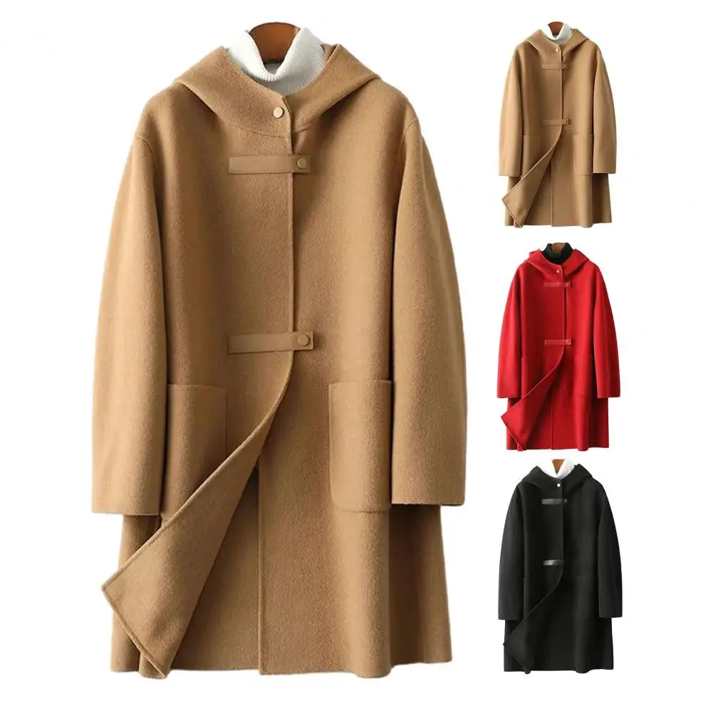 Women Woolen Coat Stylish Women's Hooded Woolen Coat with Long Sleeves Pockets Single Breasted Overcoat for Autumn Winter Warm