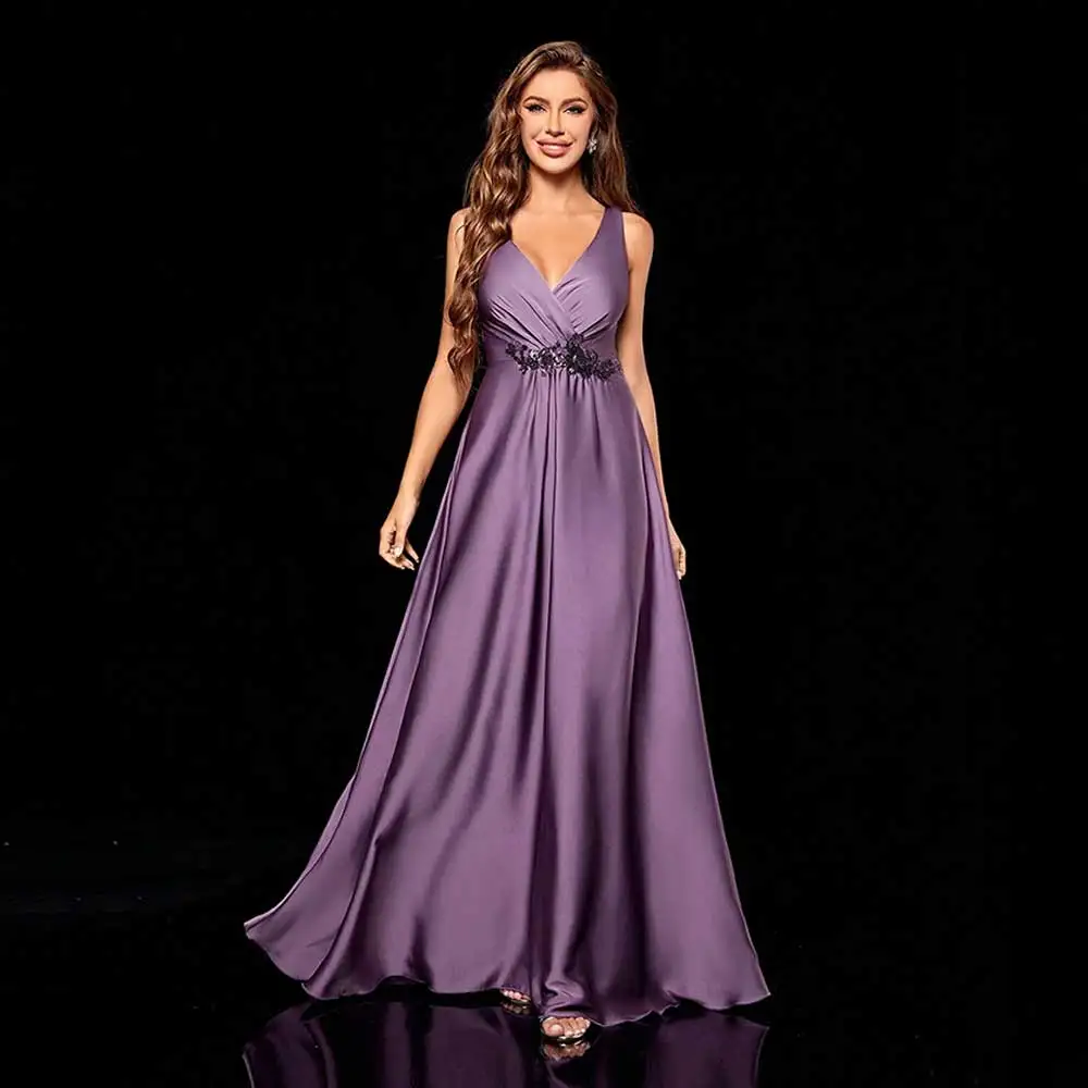 

Beautiful Elegant Long Evening Dress V-neck Applique Satin Pleated Backless Floor Length Solid Women's Celebrity Banquet Gown