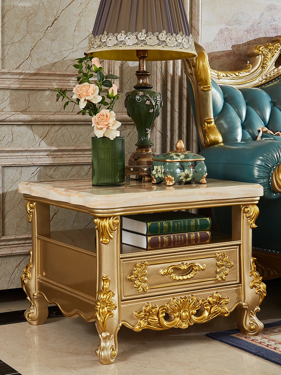 

European-style marble with a few champagne carvings, small coffee table, solid wood corner table.