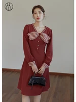 DUSHU Women’s Winter Retro Red Stitching Dress Long Polo Neck Belt A-line Skirt Women Bow Neckline Design Thick Bottoming Dress