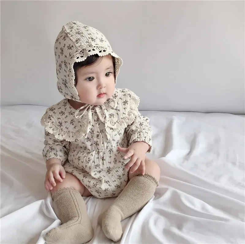 Spring Autumn Baby Girl Floral Print Romper Lace Trimmed Princess Collar Baby Clothes Cotton Onesie for Infants