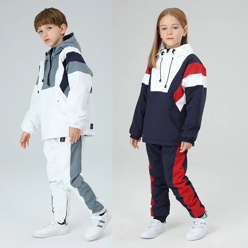 Boys Girls Skiing Suit Winter Outdoor Warm Windproof Waterproof Children Ski Hoodie Jacket+Ski Pants Suit Kids Snowboarding
