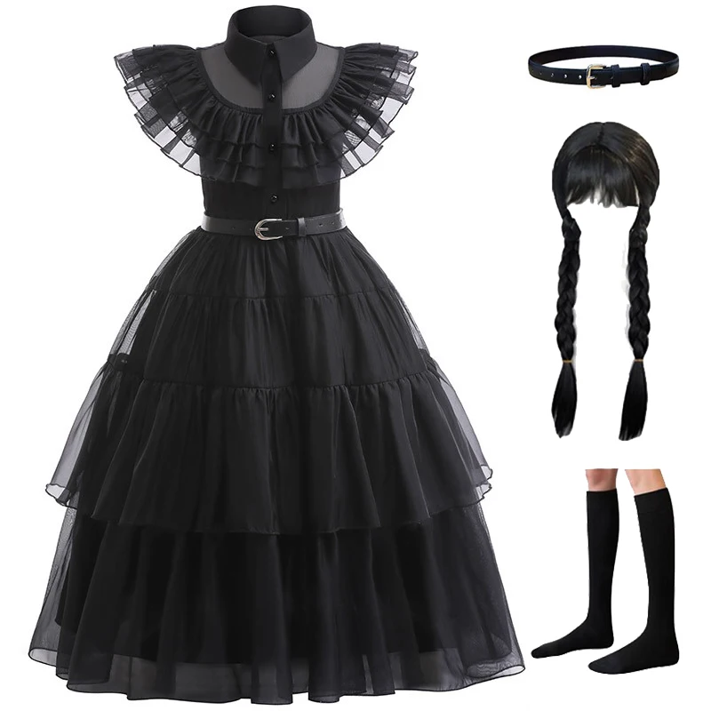 Girls Dress Princess Costume Wednesday Halloween role-playing costume Wish asha dress Girls Hollowed out Lace Princess Skirt Black Casualmesh Skirt