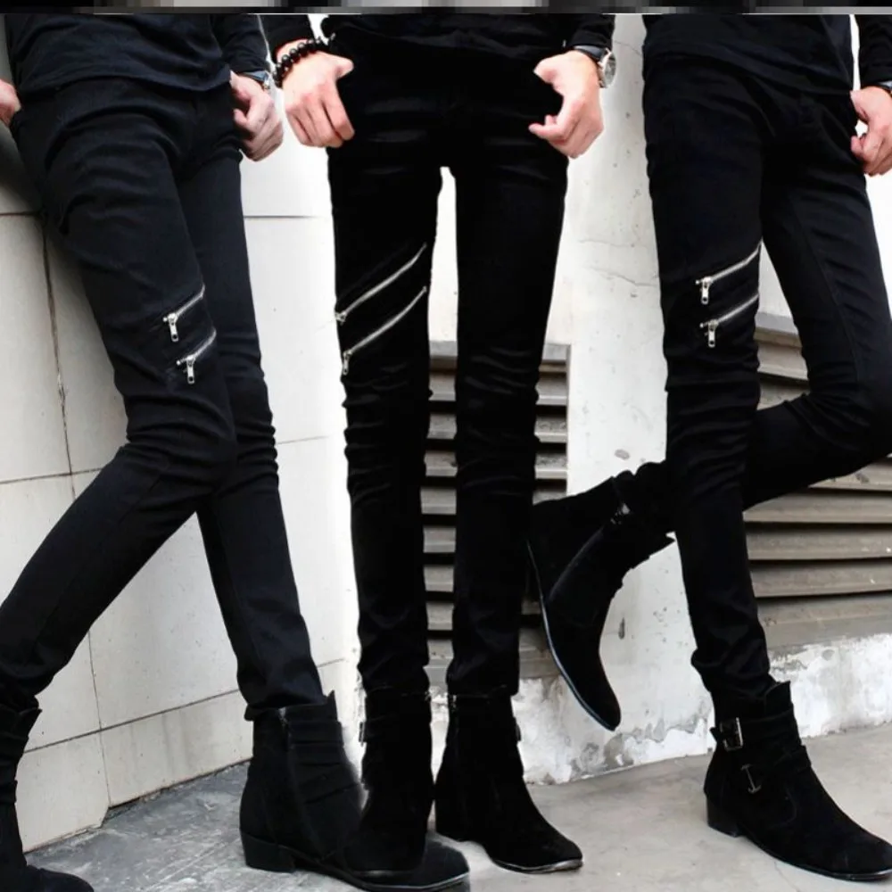 Casual Zipper Designer Men's Jeans Denim Pants Spring and Autumn Korean New Trendy Black Slim Elastic Pencil Trousers Male