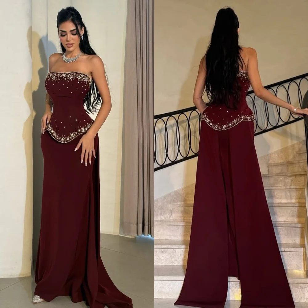 Customized Modern Style Sparkle Jersey Rhinestone Sequined Ruffle Pleat Straight Strapless Long Dresses Bespoke Occasion Dresses