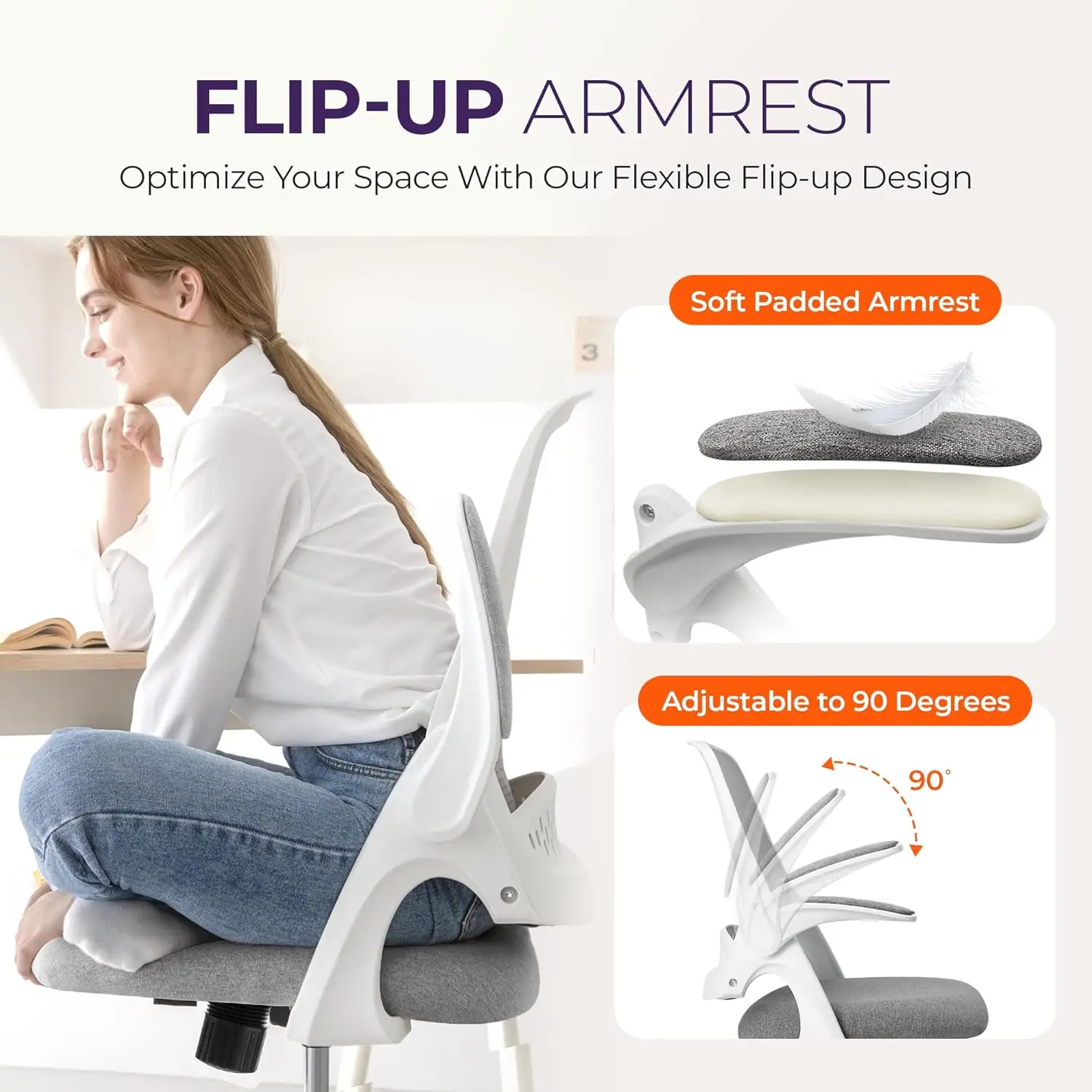 Office Desk Computer Gaming Ergonomic Chair with Lumbar Back Support Adjustable Height Swivel Wheels Flip-up Arms Mesh Chair