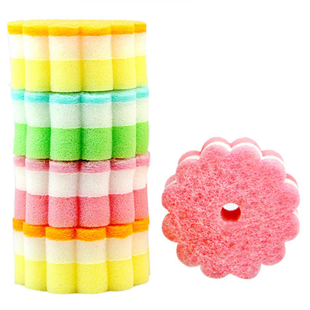Practical Sponges Scouring Pads Flower Shape Sponge Brush Tableware Glass Wash Dishes Kitchen Cleaning Tool Random Color