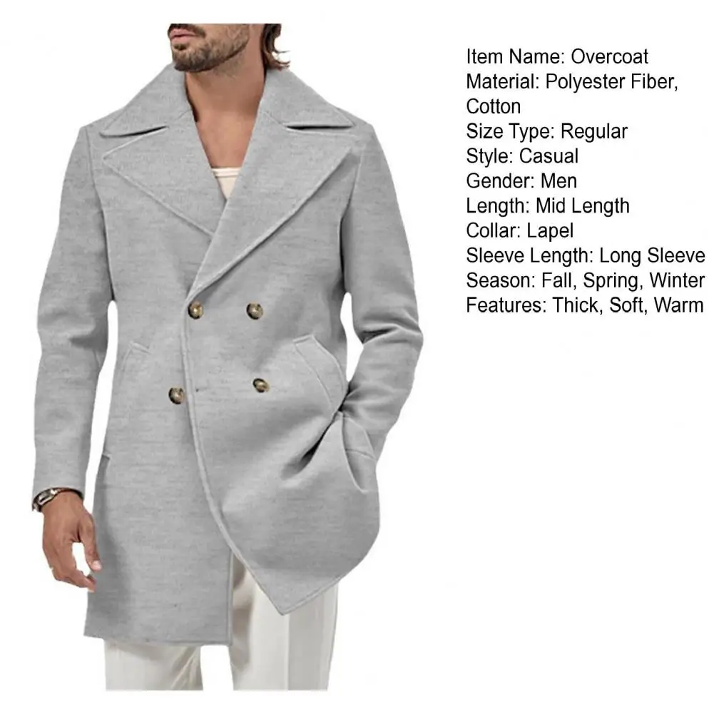Description Picture 3 of itemMen Thick Overcoat Double-breasted Mid Length Men's Winter Overcoat with Warm Pockets Turn-down Collar in Solid Color for Fall