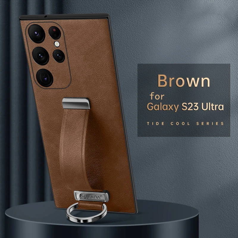 thumbnail image 1 of Funda de cuero de lujo para Samsung Galaxy S23 Ultra S22 Plus S24, funda con pulsera portátil, correa de mano, soporte de anillo de Metal, 1 of 5