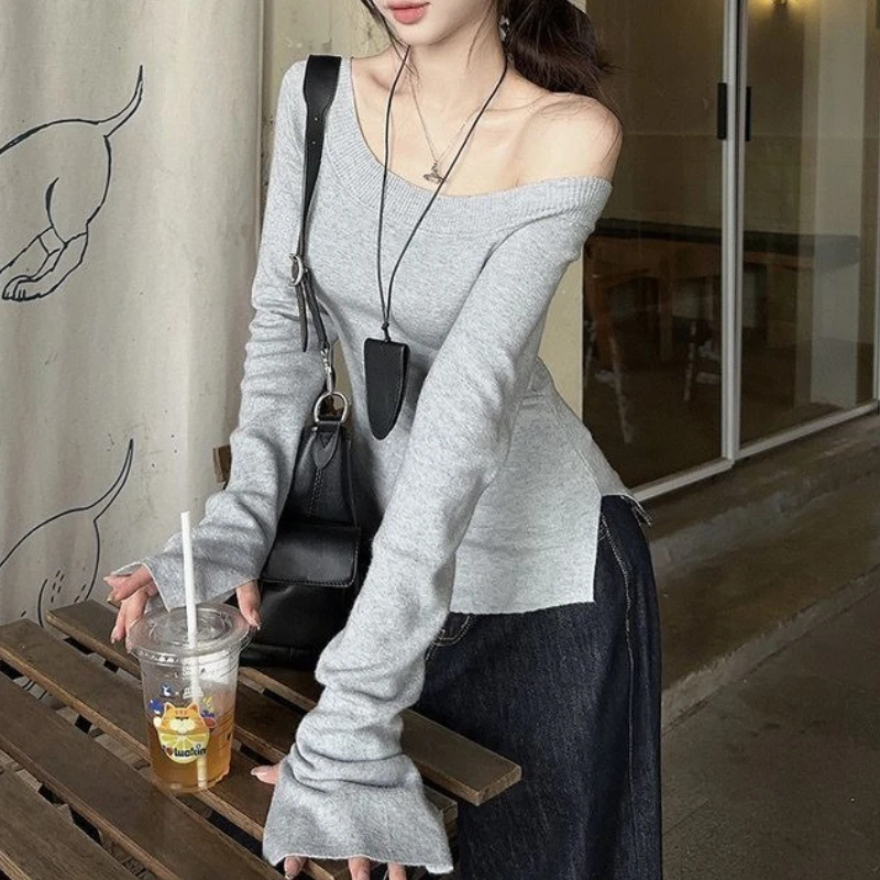 Fleece Warm Off Shoulder Long Sleeve T Shirt Women One Shoulder Fitted Basic Plain Tee Shirt Lady Split Casual Top Autumn Winter