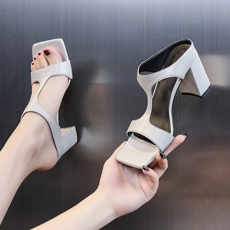 

Ladies Shoes 2023 Summer New Women's High Heels Slippers Fashion Versatile Solid Color Thick Heel Square Toe Sandals for Women
