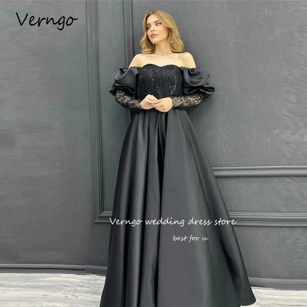 

Verngo Black Satin Dubai Arabic Women Evening Dresses Sweetheart Puff Long Sleeves Shiny Prom Gowns Formal Party Dress 2023