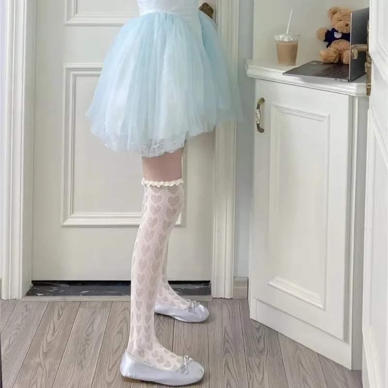 Kave Lolita Netzstrümpfe für Damen, Kawaii japanischer Stil, gerüschte, herzgestreifte, mit Spitze gemusterte Overknee-Strümpfe – Detail 22