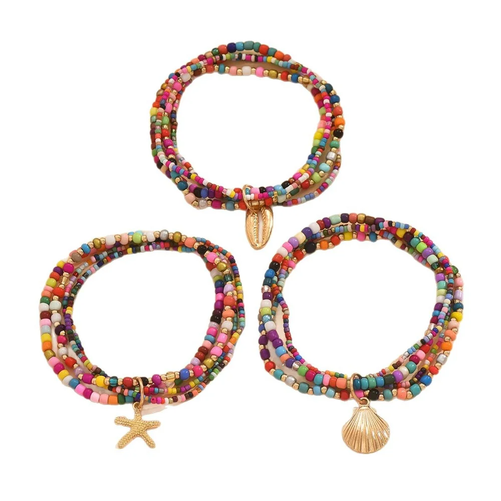 3pcs/Set Rainbow Beads Starfish Shell Anklets Sets For Women Bohemia Foot Chains Beach Jewelry Summer Ankle Bracelet Accessories