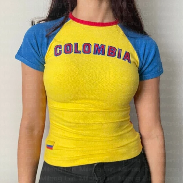 COLOMBIA Fashion Woman Blouse 2023 New Y2k Color Block T Shirt For Women  Letter Printing Short Sleeve O-Neck Fitted Crop Tops - AliExpress