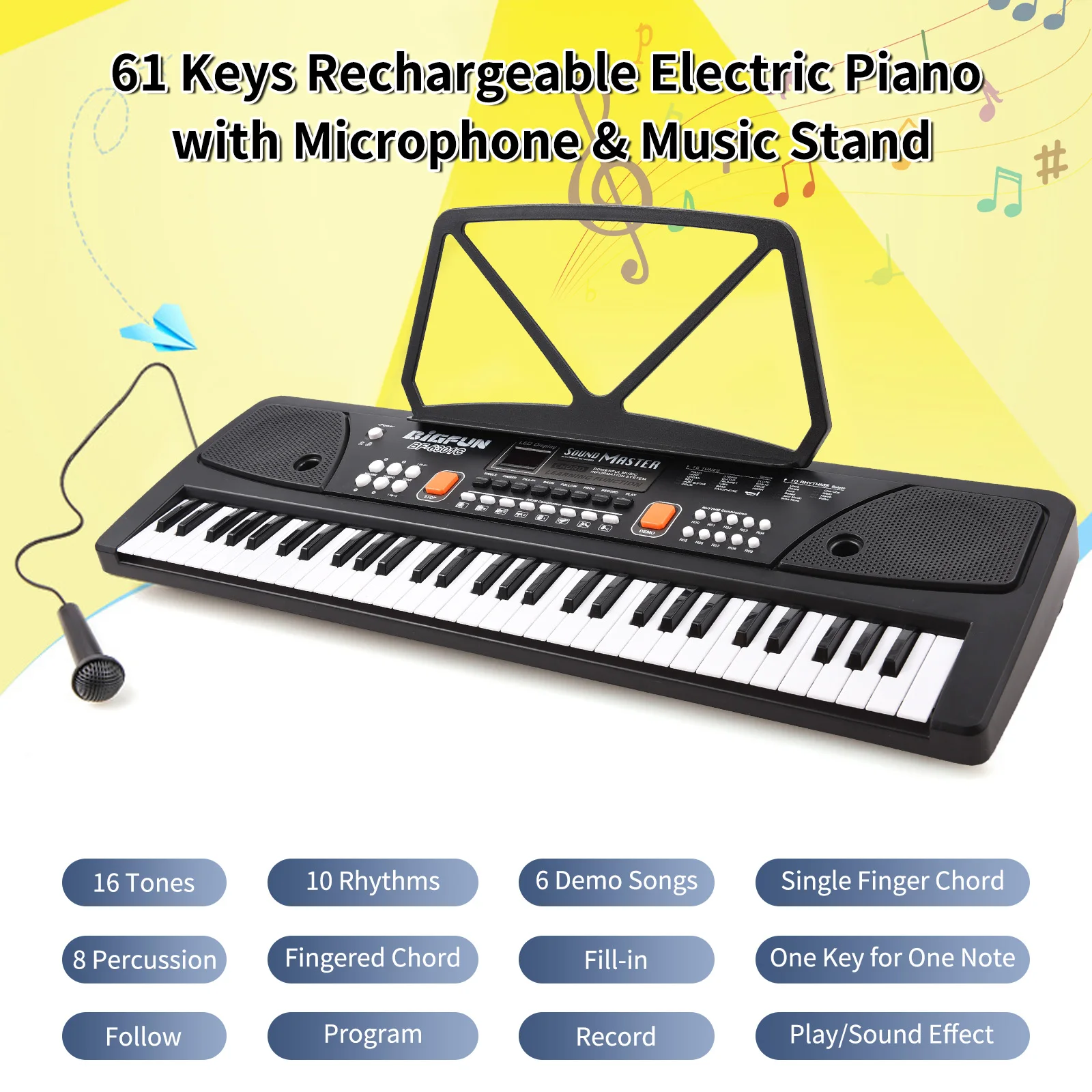 BIGFUN 61 Keys Rechargeable Electronic Organ Kids Electric Piano with Microphone Black Digital Music Electronic Keyboard LED