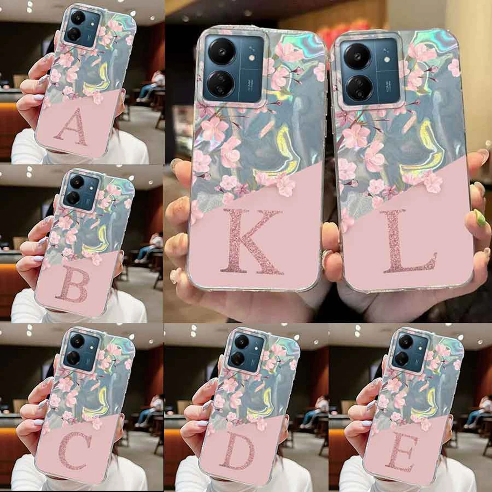 Floral Pink Silicone Bumper Case with Initial Letter A-Z Design