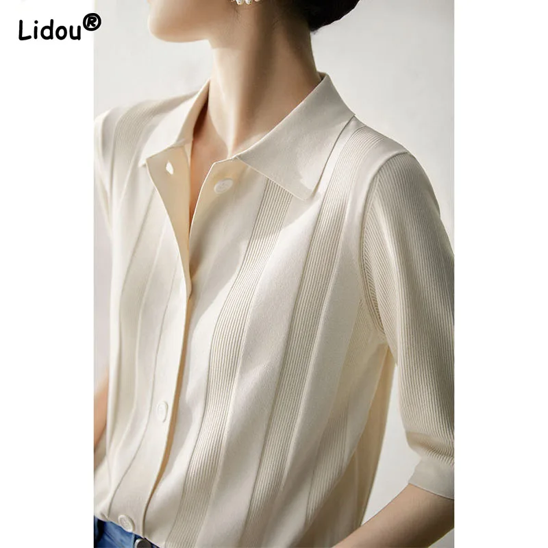 2022 Summer New Refreshing Short Sleeve Office Lady Shirts Thin High Strecth Polo-Neck Single Breasted Slim Wild Female Clothing