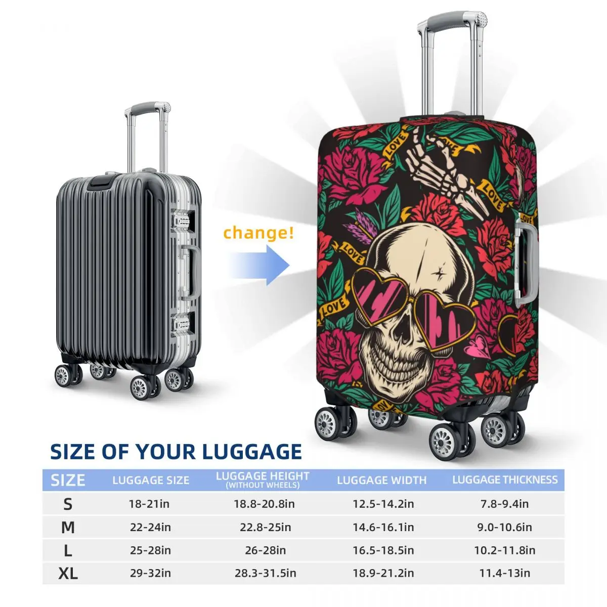 Love Skulls Print Suitcase Cover Vintage Valentine Day Holiday Cruise Trip Elastic Luggage Accesories Protector 6