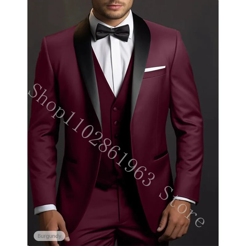 Black Business Men Suits Slim Fit Blazer 3 Piece Formal Groomsmen Bridegroom Wedding Tuxedos Jacket+Vest+Pants Costume Homme
