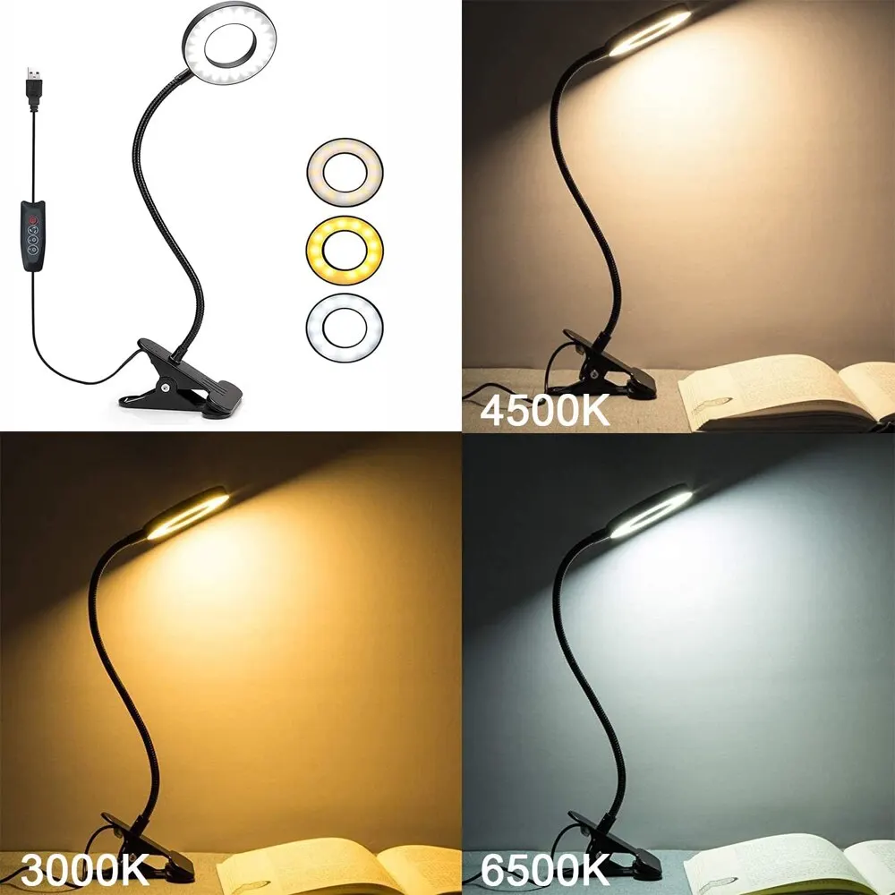 USB Book Light Clip Desk Lamp with Adjustable Brightness and Flexible Gooseneck