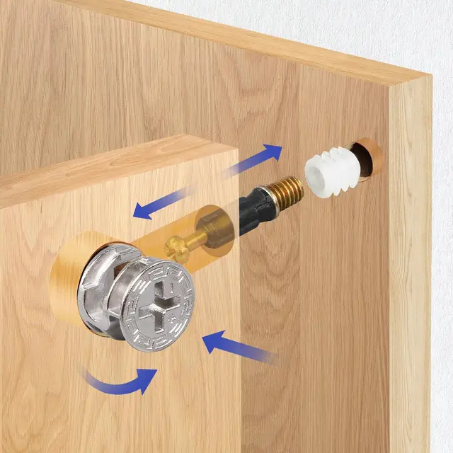 สกรูเชื่อมต่อเฟอร์นิเจอร์ 3 in 1 แบบติดตั้งล่วงหน้าสำหรับโต๊ะ ตู้ และลิ้นชัก พร้อมน็อตแบบแคมล็อคและเดือยยึด 4