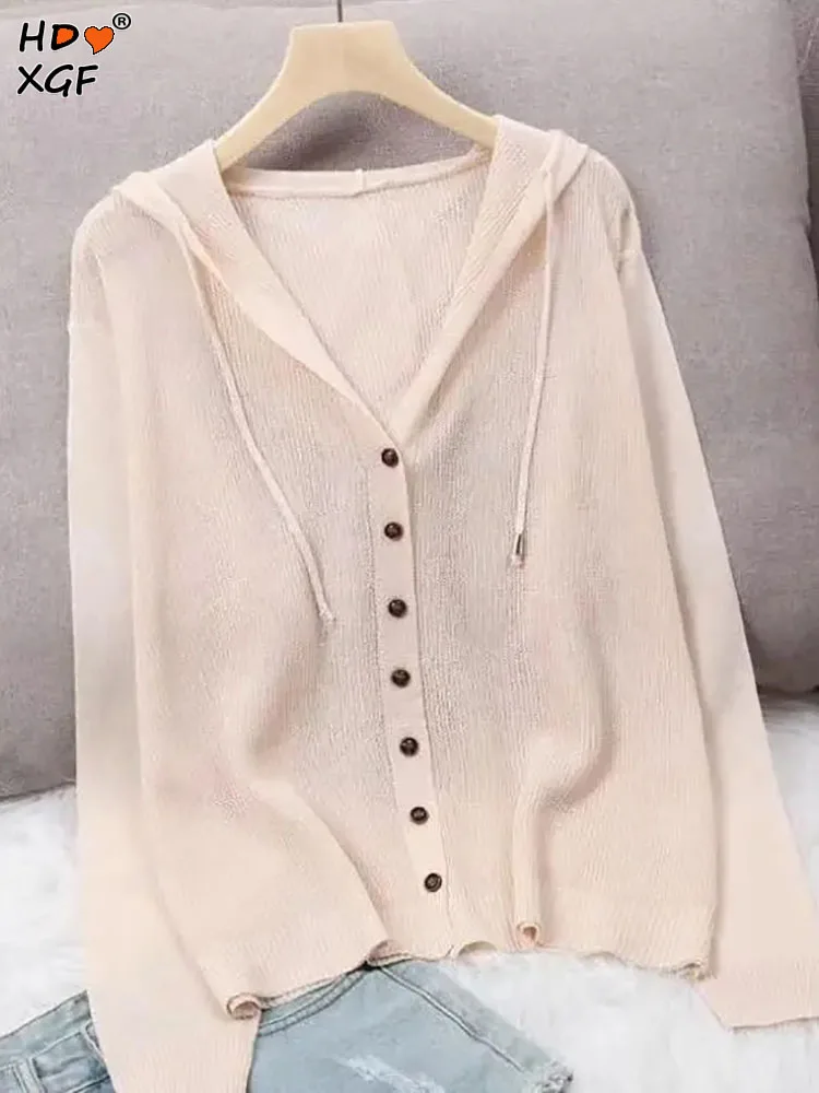 

Spring Summer Hooded Single Breasted Cardigans For Women Korean Fashion Plus Size Solid Color Thin Sweater Simple Sunscreen Tops