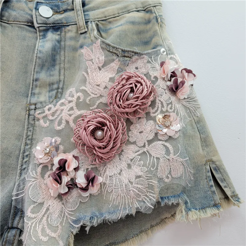 Embroidered Three-Dimensional Flower Straight Shorts 2024 Summer Retro Slimming Distressed Raw Edge Denim Shorts Women Clothing