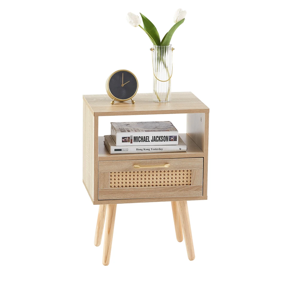 Rattan-Beistelltisch mit Aufbewahrungsschublade und Massivholzbeinen, Moderner Multifunktionaler Nachttisch für Schlafzimmer und Wohnmöbel – Detail 2