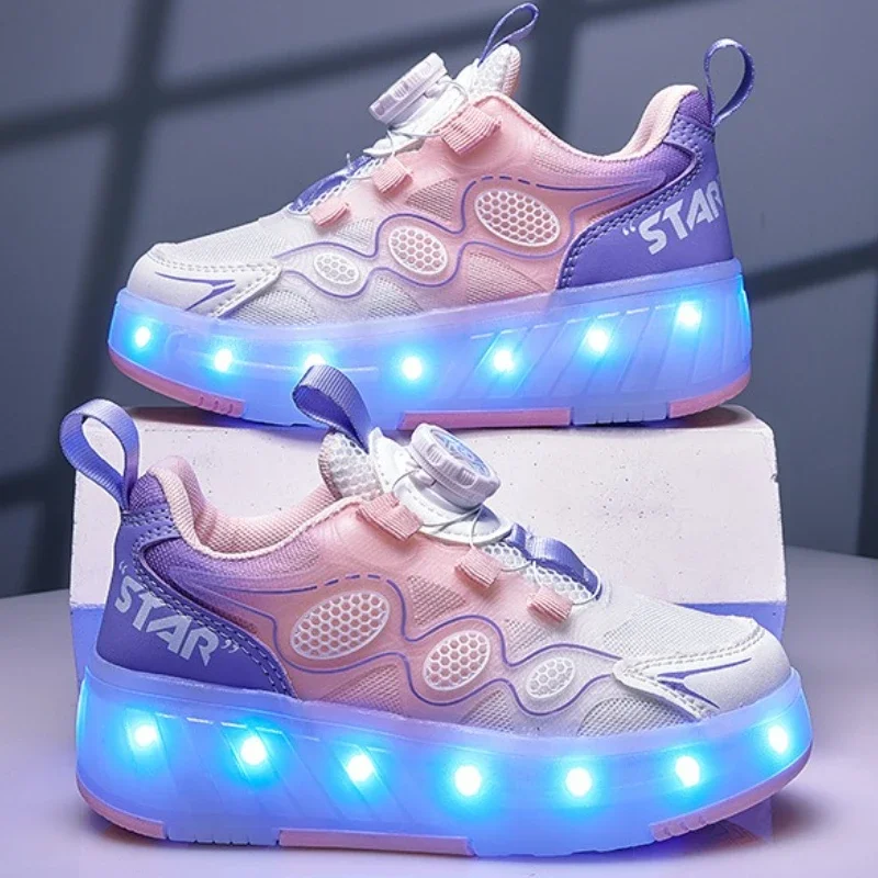 Children Roller Skating Shoes Anti-collision Durable Walking Shoes LED Lights USB Charging Four-wheel Skate Shoes for Kids