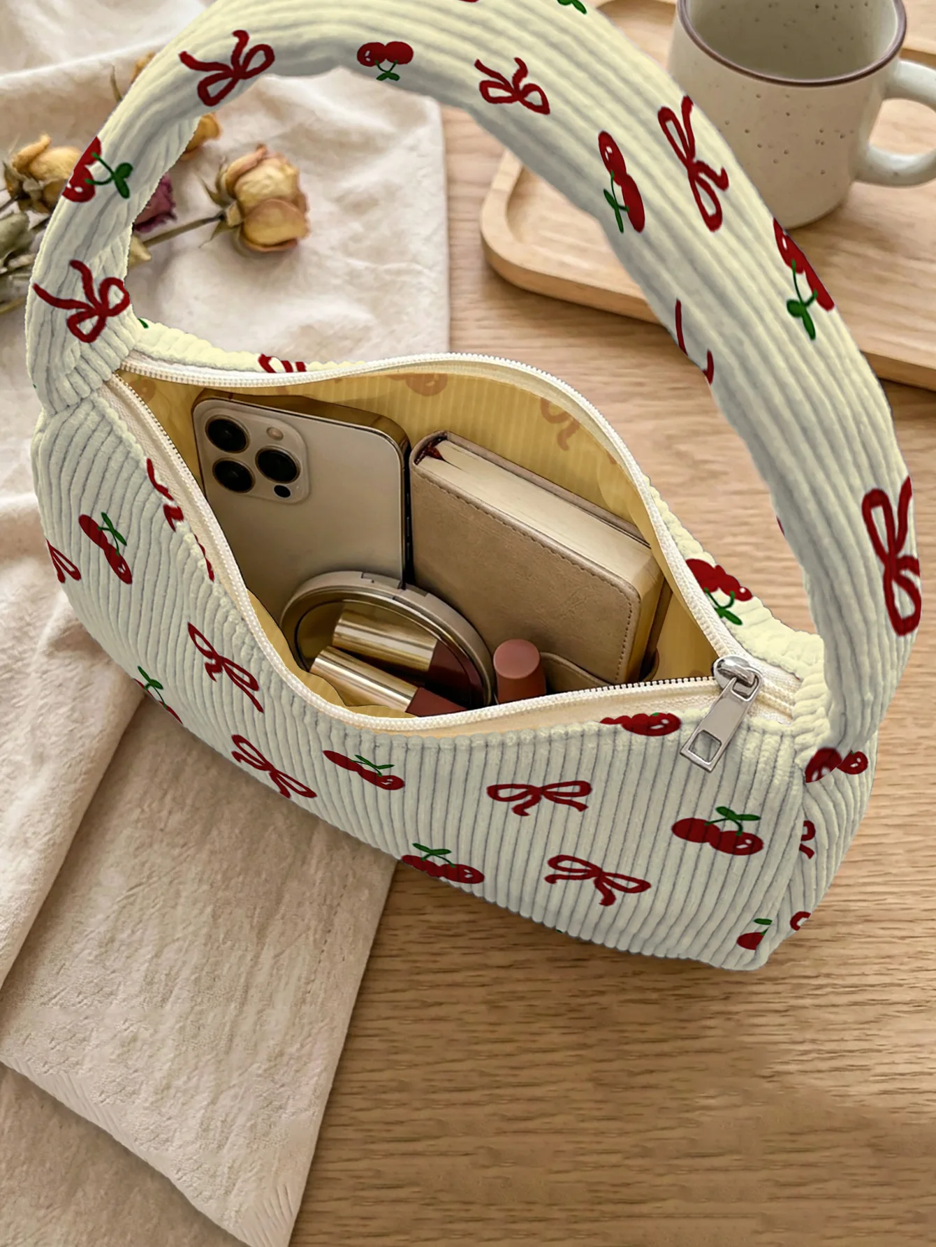 Cherry & Bow Print Beige Corduroy Shoulder Bag - Image 3